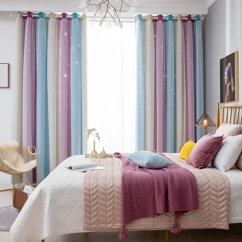 Rainbow Hollow-Out Star Blackout Curtains for Girl Kid Nursery Bedroom and Livin