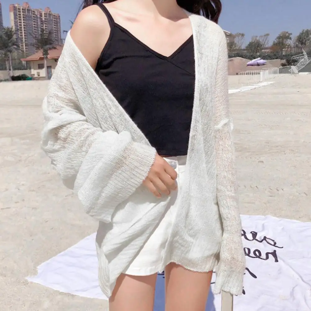 Summer Knitted Cardigan Cardigan lazy loose Hollow soild color long-sleeved air-