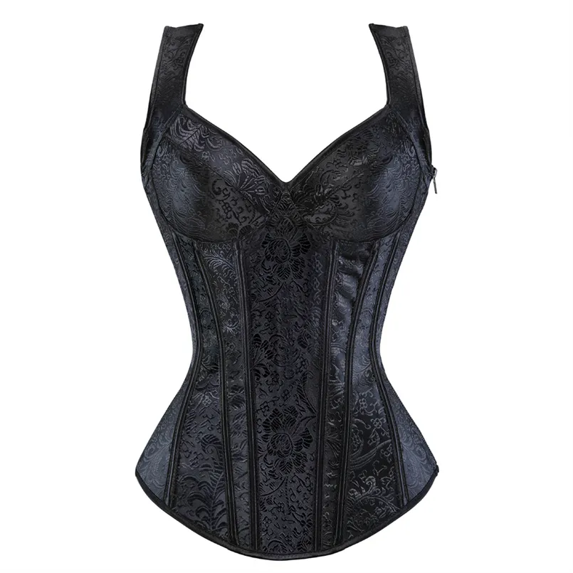 Women Corset with Straps Black Overbust Corset Plus Size Floral Jacquard Corset 