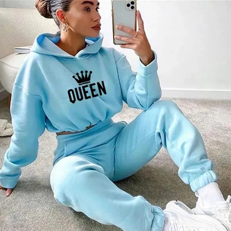 Women Hooded Tracksuit Sports 2 Pieces Set Sweatshirts Pullover Hoodies Pants Su