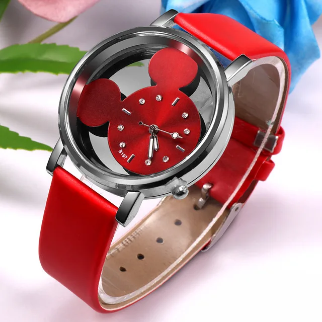 Fashion Cute Ladies Girls Watches Women Hollow Watches Red Leather Band Quartz W