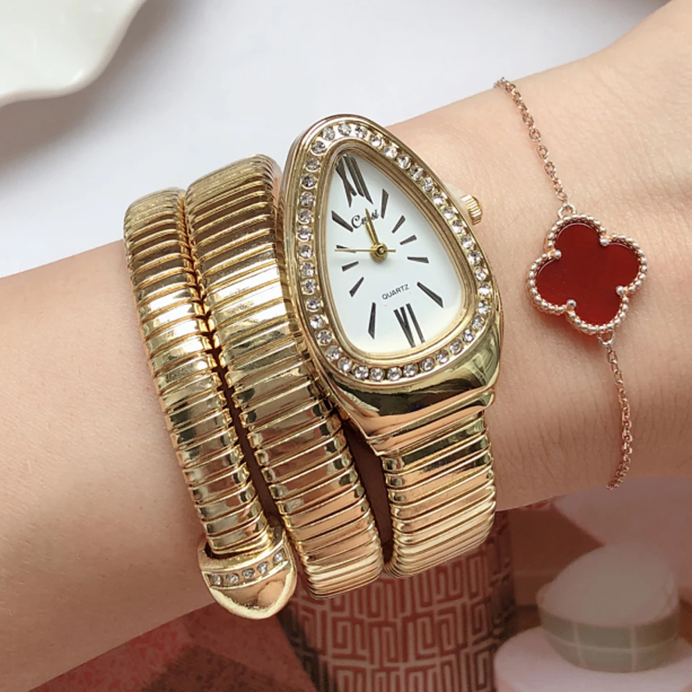Cussi Women's Watches Snake Shape Luxury Wrist Watch for Women Steel Unique Gold
