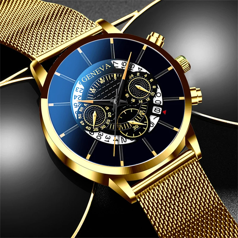reloj hombre Mens Fashion Business Calendar Watches Blue Stainless Steel Mesh Be