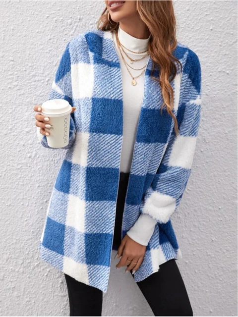 Plaid Warm Lapel Plush Elegant Faux Fur Outwear Loose Trend Women Long Sleeve Po