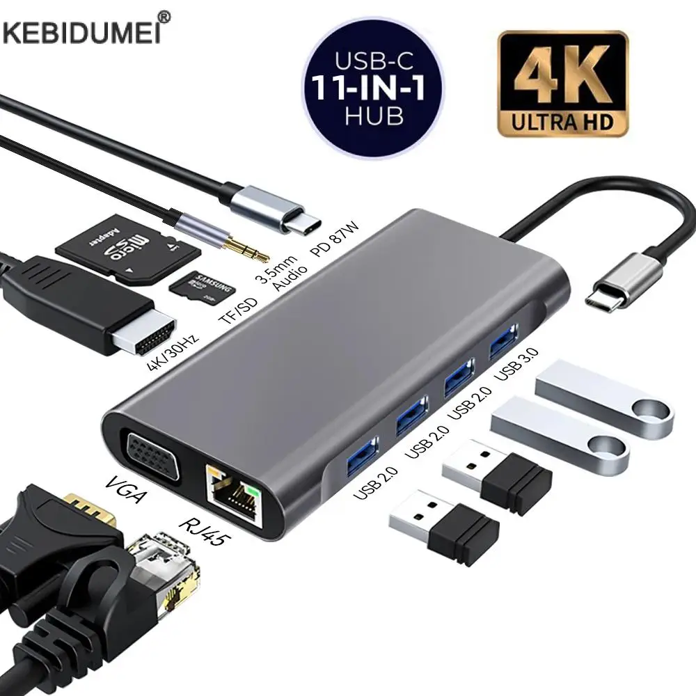 USB C HUB Type C to RJ45 4K 30Hz HDMI VGA Adapter SD TF USB 3.0 2.0 Docking PD 8