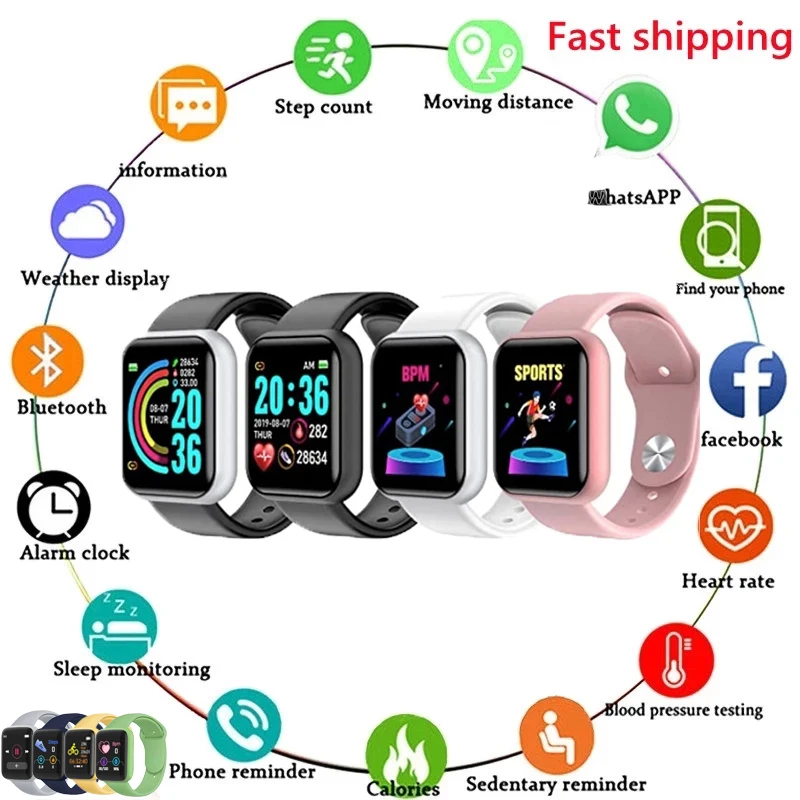 Y68 Women Led digital Smart Watch Bluetooth Waterproof Sports clock Heart Rate M