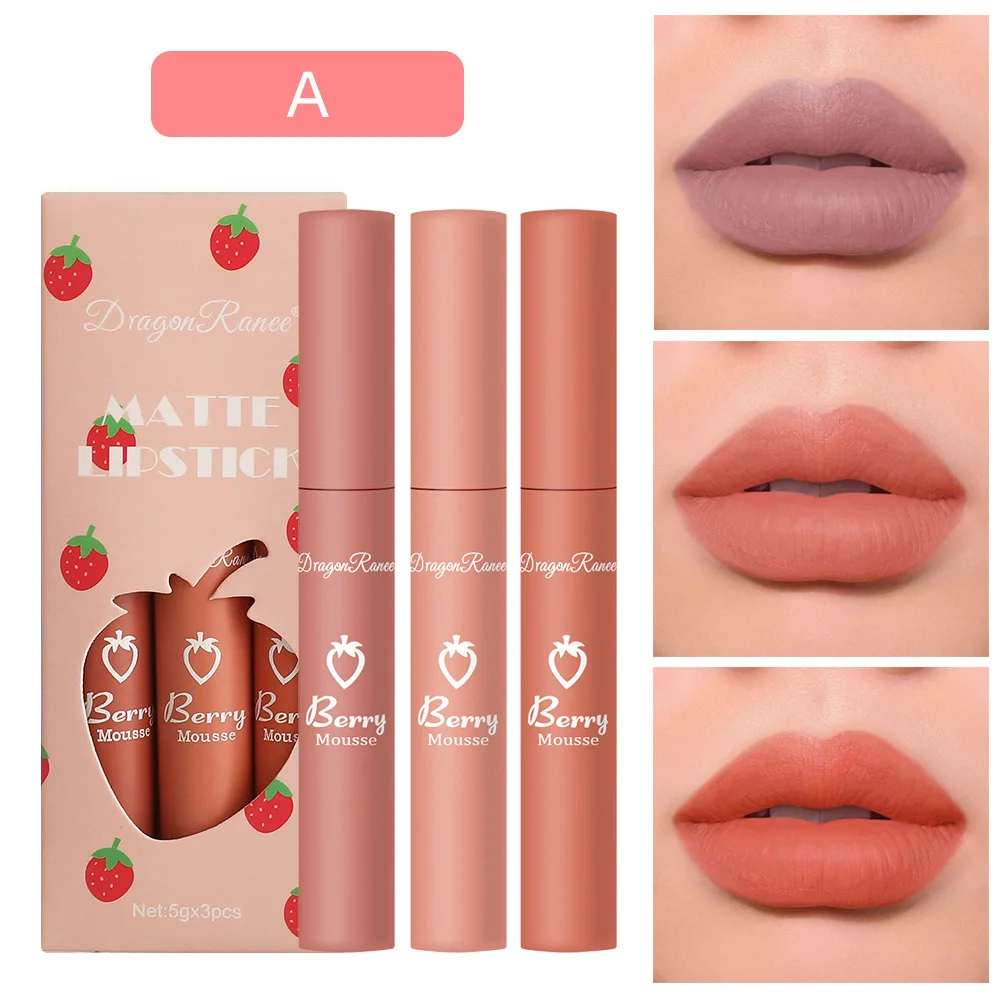3 pcs Strawberry Lip Glaze Set Velvet Matte Liquid Lipstick Lipstick Non stick C