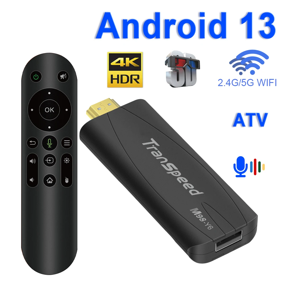 Transpeed TV Stick Android 13 ATV With TV App 4K 3D TV Box 2.4G&5G Voice Assista