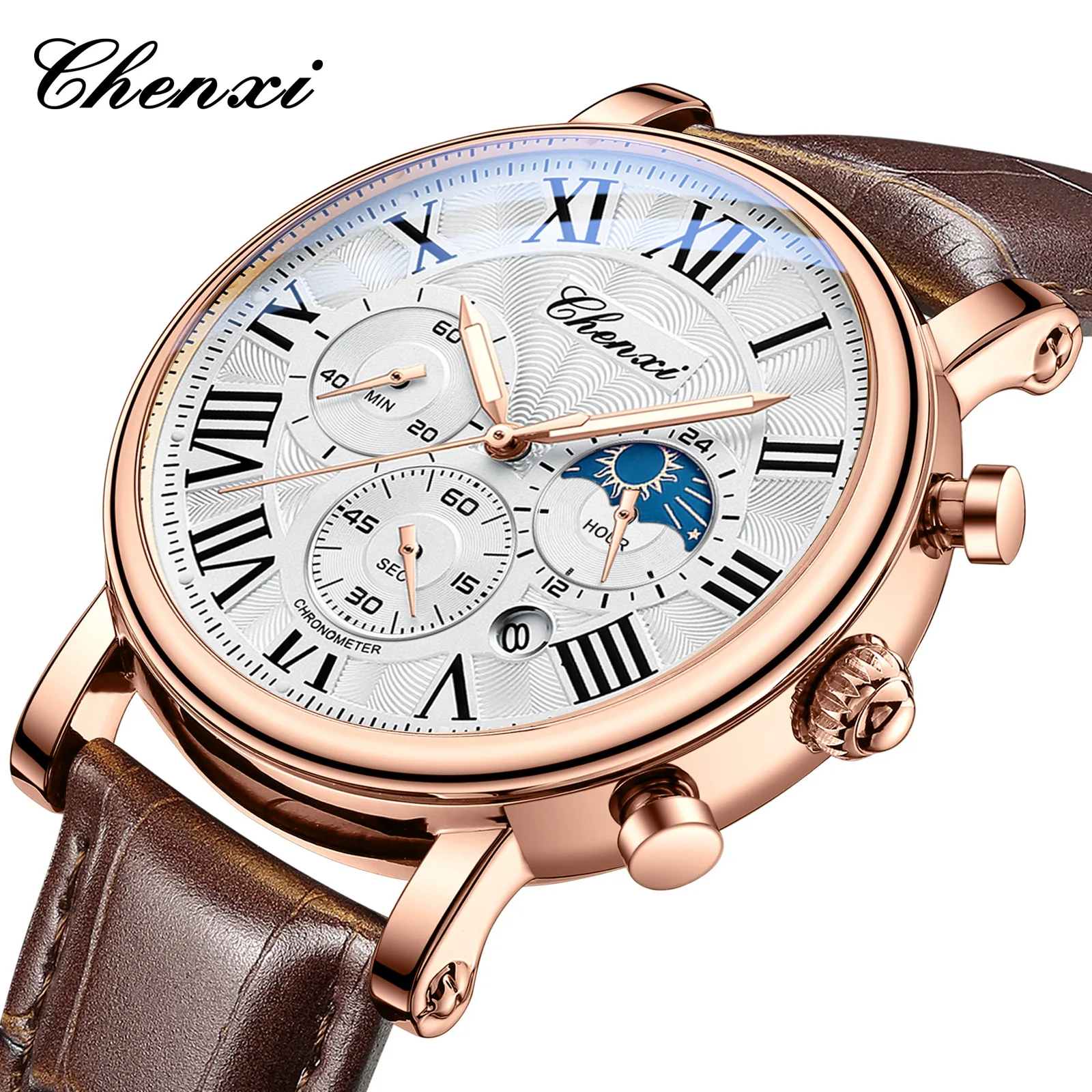 CHENXI 973 Men's Quartz Watch Fashion Business Moon Phase Date Multifunctional C