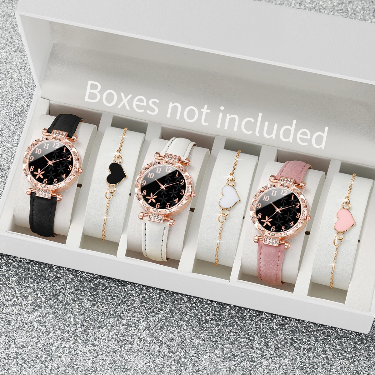 6PCs/Set Women's Watch Fashion Flower Dial Leather Quartz Watch With Love Bracel