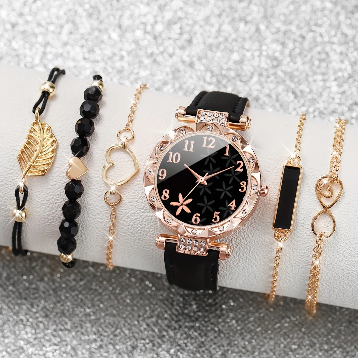 6pcs/set Stylish Womens Flower Quartz Watch with Matching Bracelets - Fashionabl