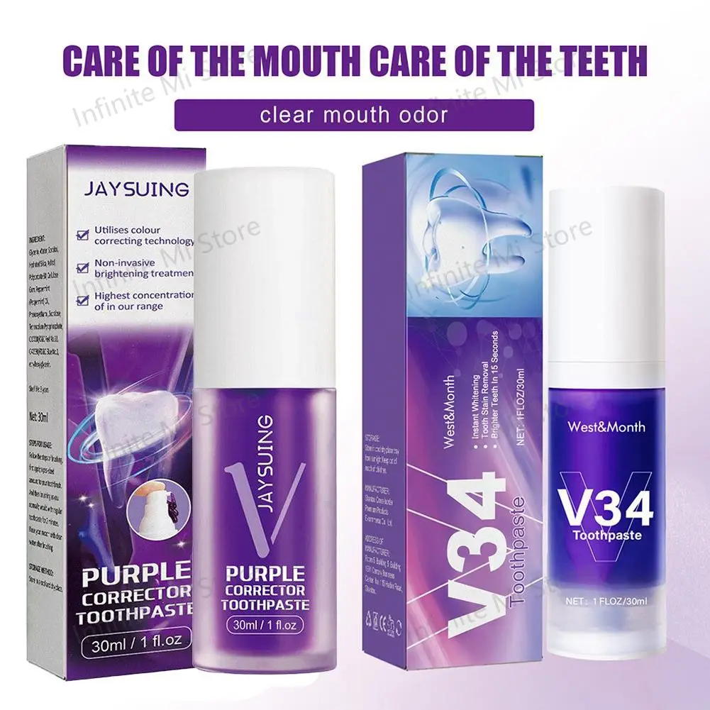 V34 Teeth Whitening Purple Toothpaste Remove Teeth Breath Whitening Brightening 