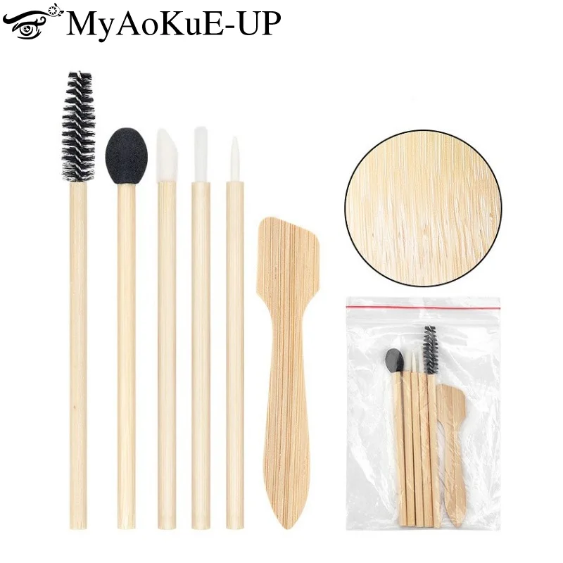 6pcs Natural Bamboo Makeup Brush Set Mascara Wands Lipstick Applicator Eyeliner 