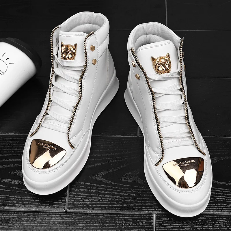 Hot Sale White High Top Sneakers Men Leather Casual Sneakers Fashion Zipper Desi