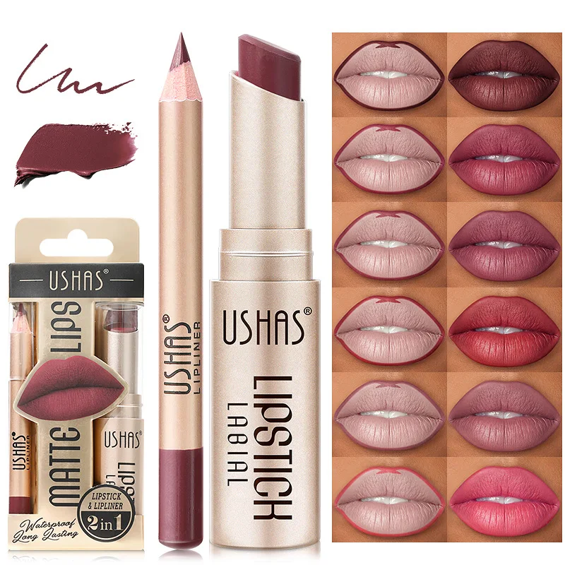 2 In 1 Matte Lipstick&lip Liner Set 12 Colors Lip Pencil High Pigmented Waterpro
