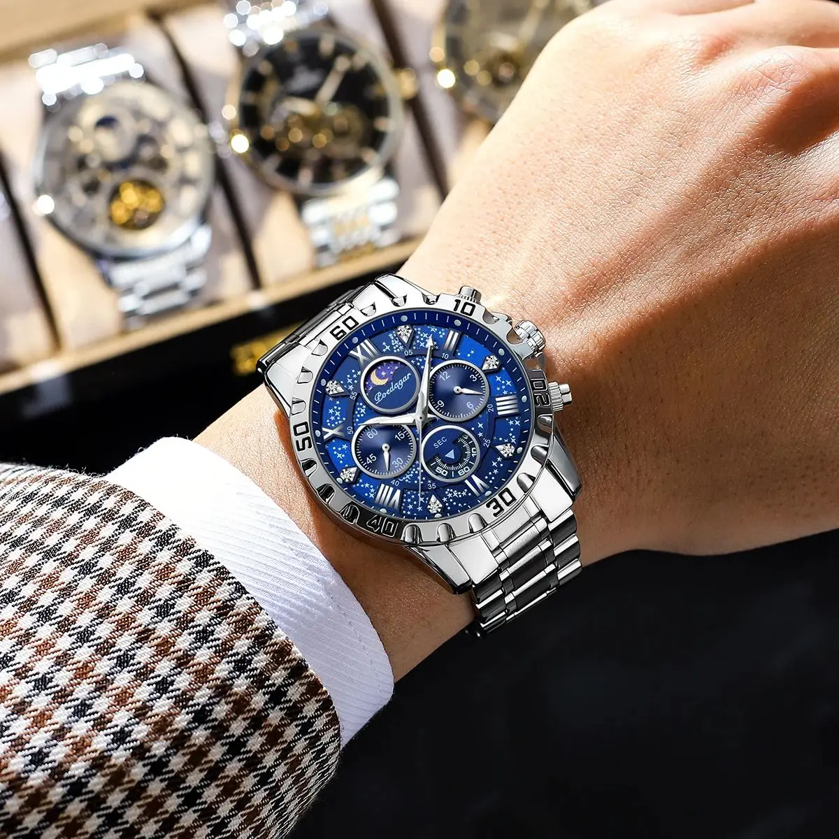 OLEVS 2900 Moon Phase Watch Men Stainless Steel Waterpoof Luminous Fashion Skele