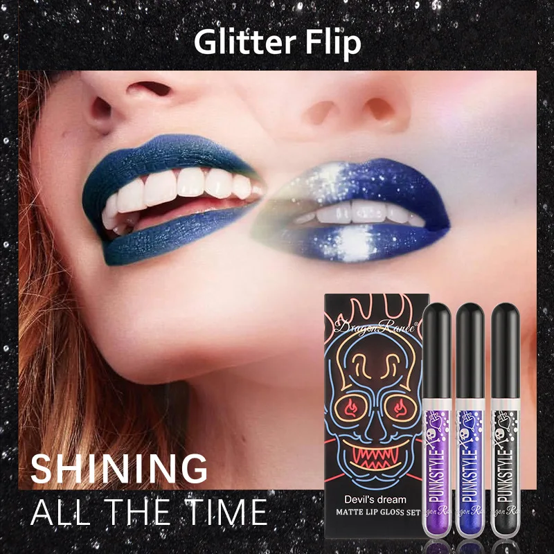 Halloween Lip Gloss Set, 3-Piece Non-Stick Shiny Lipstick, Glittery Purple and B