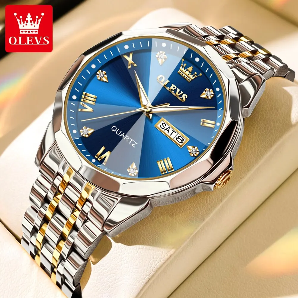 OLEVS Men's Watches Rhombus Mirror Original Quartz Watch for Man Waterproof Lumi