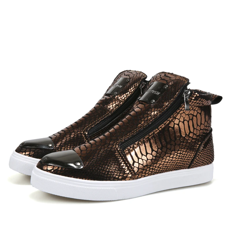 Hot sale Luxury Golden Leather Sneakers For Men Zip Designer Shoes Men Size 45 H