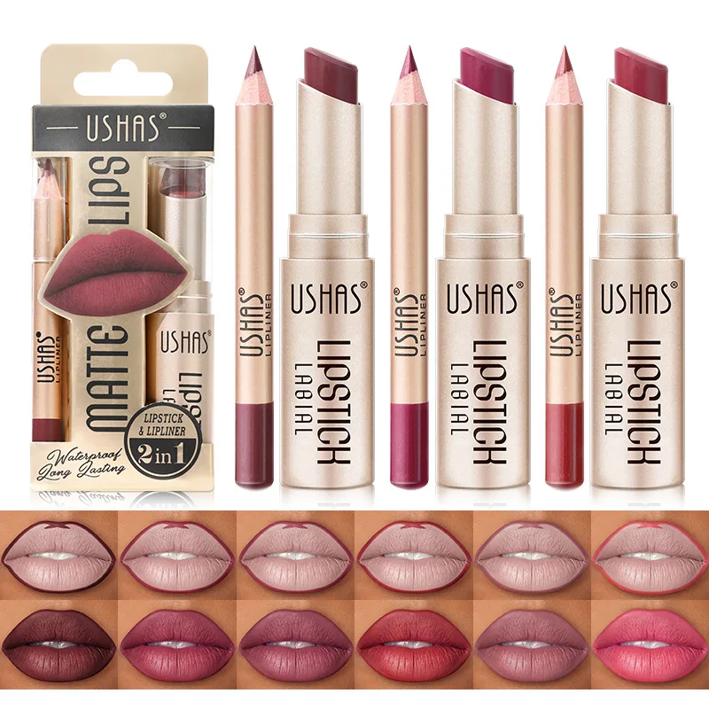 USHAS 12 Color Lip Liner + LIPSTICK Set Easy Coloring Matte Lipstick Long lastin
