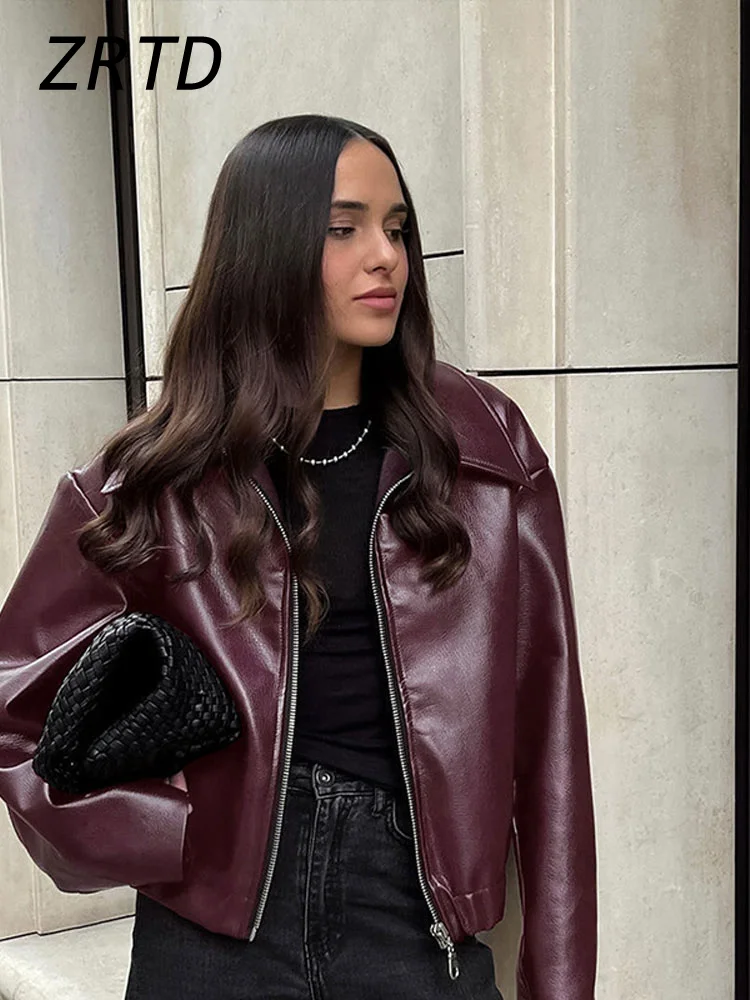 Elegant Burgundy Faux Leather Jackets Women Fashion Lapel Zipper Long Sleeve Fem