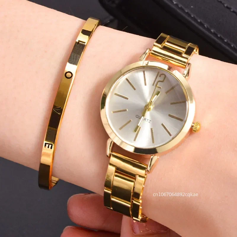 Ladies Fashion Simple Digital Alloy with Quartz Watch Bracelet 2pcs Set Luxury W