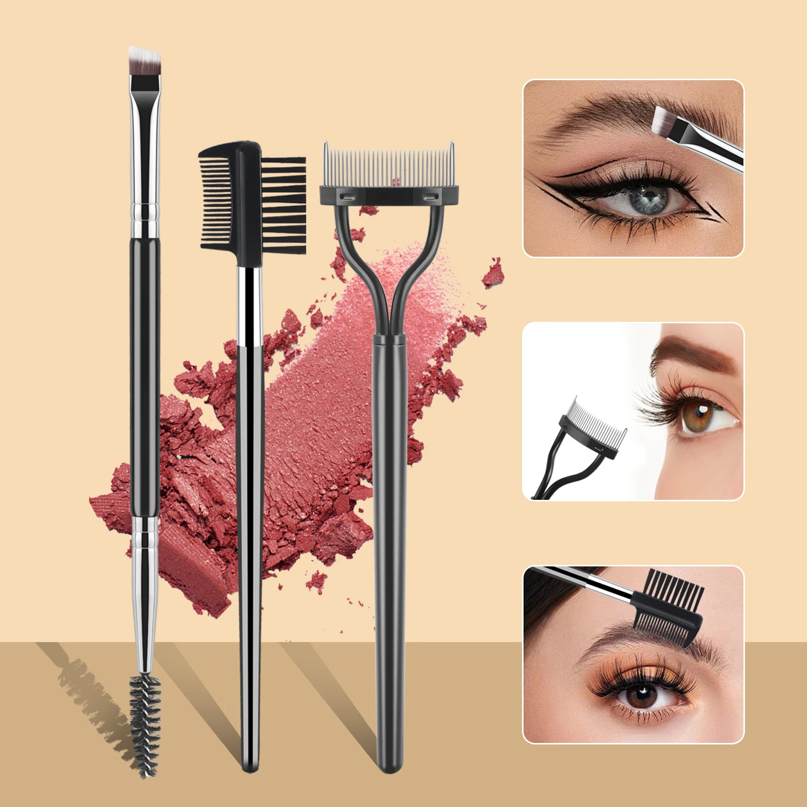 Eye Makeup Tool Set,3pcs Double Head Eyebrow Brush Eyelash Curl & Fine Eyebrow B