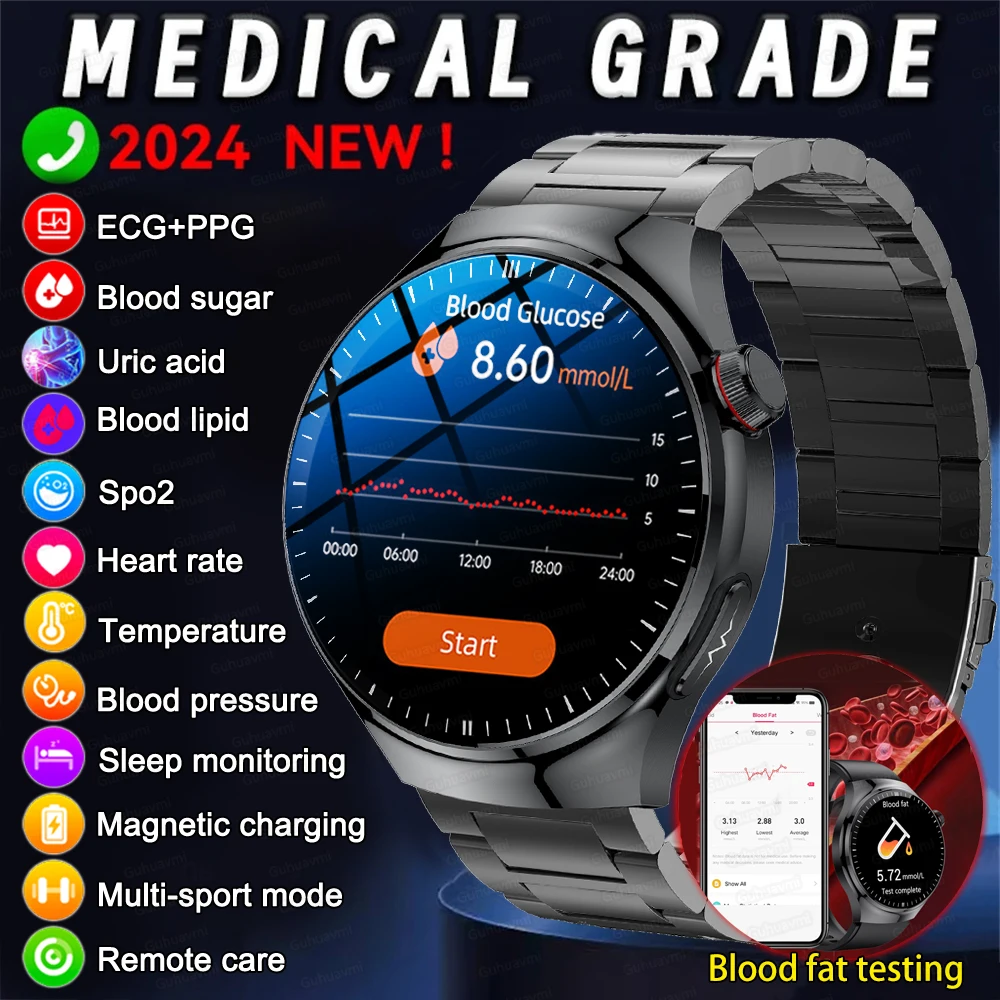 2024 New For Android iOS Smart Watch Men Bluetooth Call Health Blood Sugar Uric 