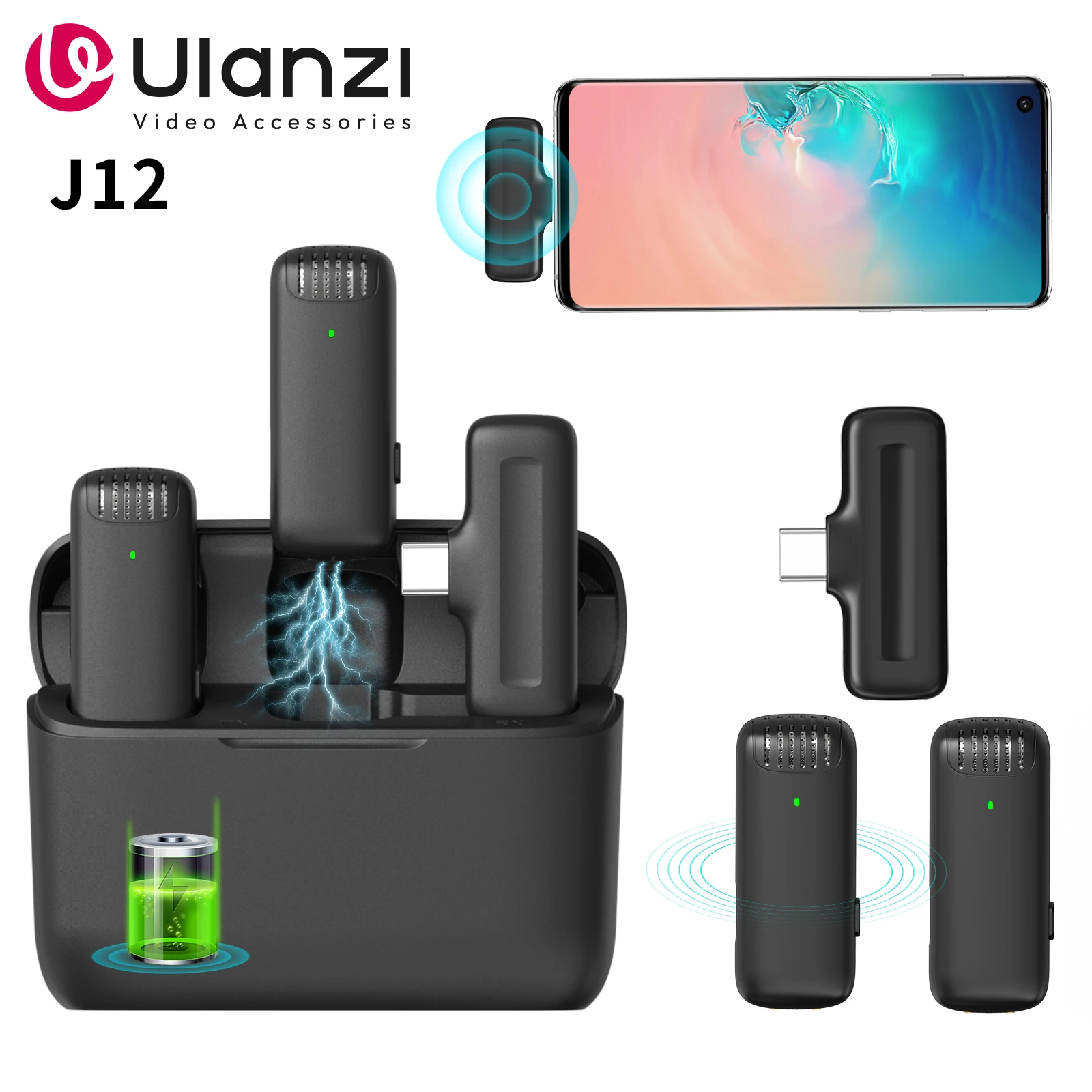 Ulanzi J12 Lavalier Microphone Professional Portable 20M Receive Range Plug and 