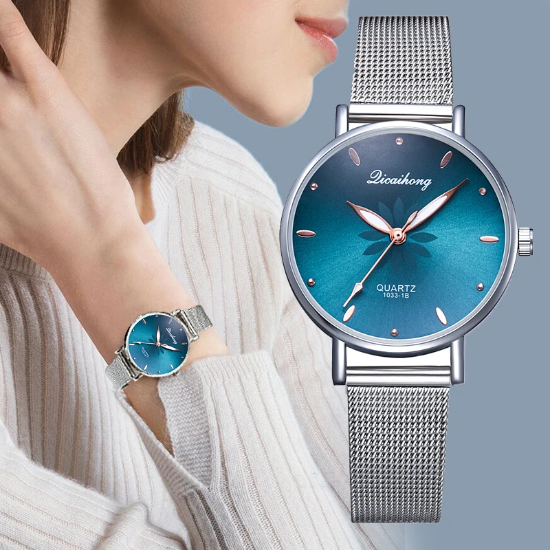 Watches For Women Luxury Silver Popular Pink Dial Flowers Metal Ladies Bracelet 