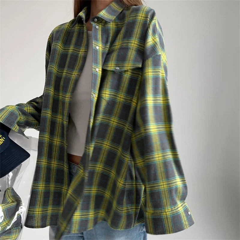 Vintage Plaid Loose Blouse Women Autumn Spring Lapel Buttons Long Sleeve Pocket 