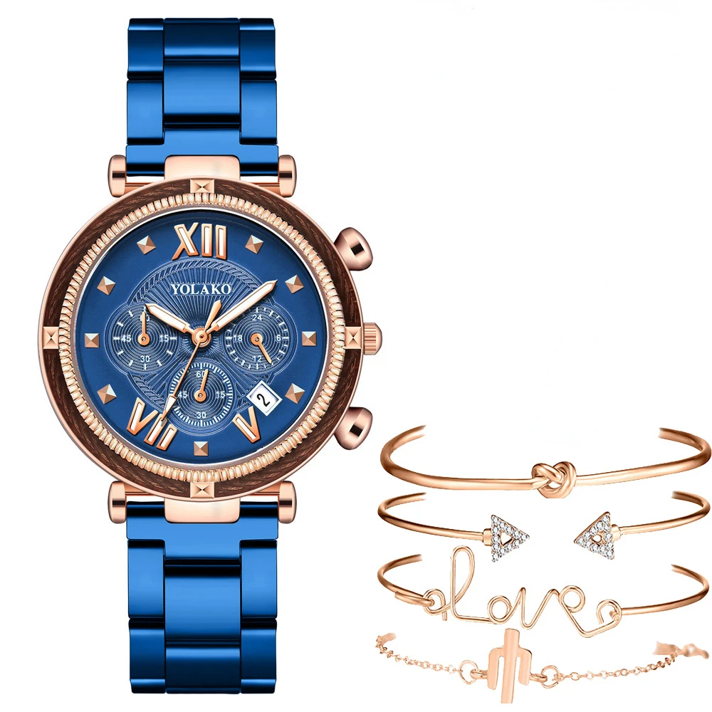 Fashion 5pcs Watch Set Women Blue Watches Women Stainless Steel Auto Date Quartz
