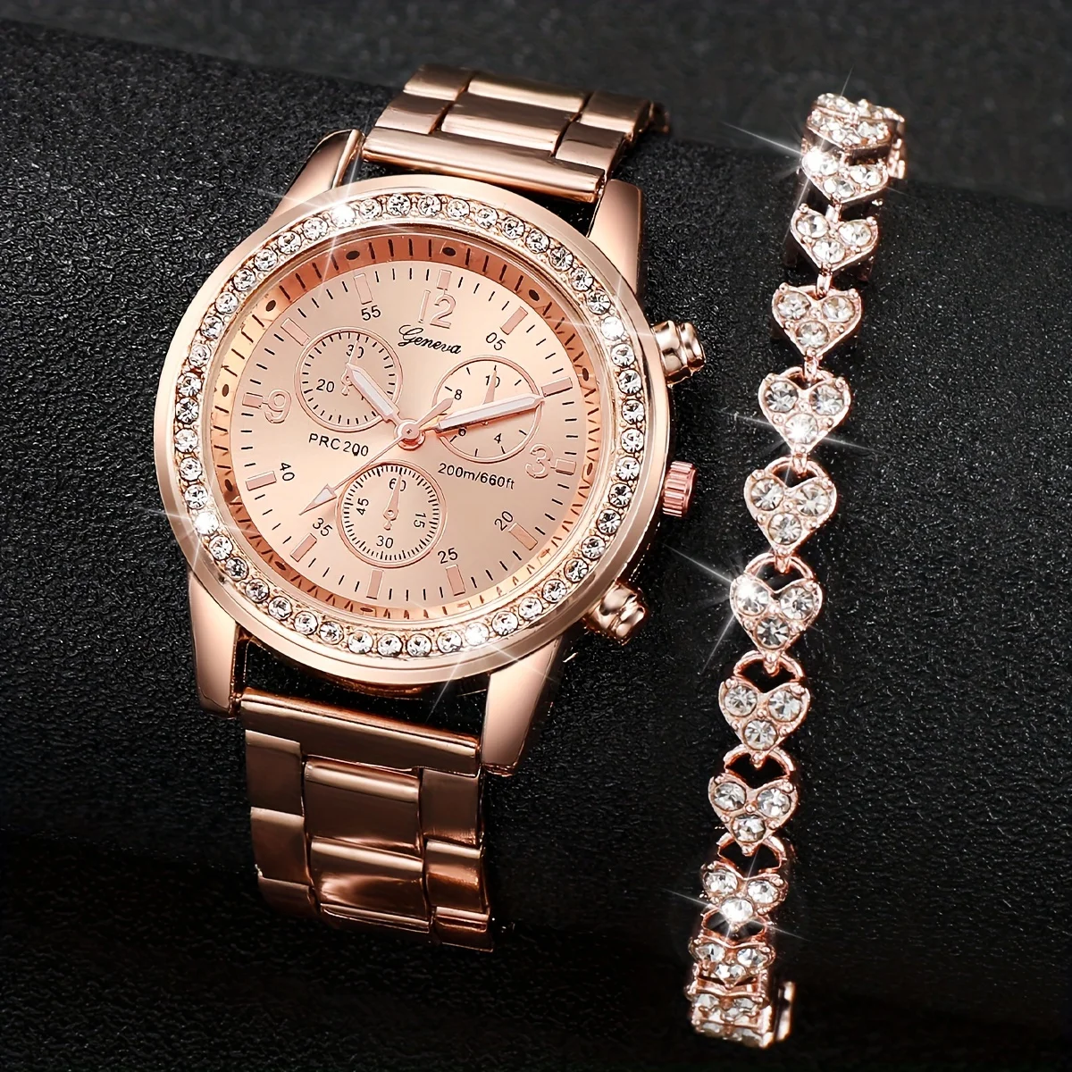 2pcs/set Luxury Rhinestone Quartz Watch Elegant Fashion Steel Band Wrist Watch &