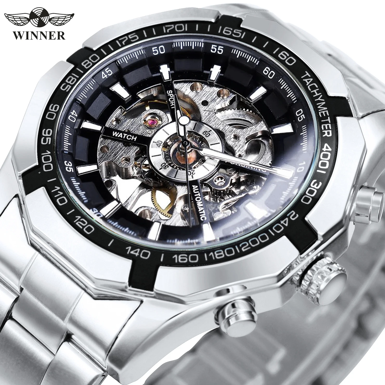WINNER Classic Skeleton Watch for Men Luminous Hands Mechanical Watches Stainles