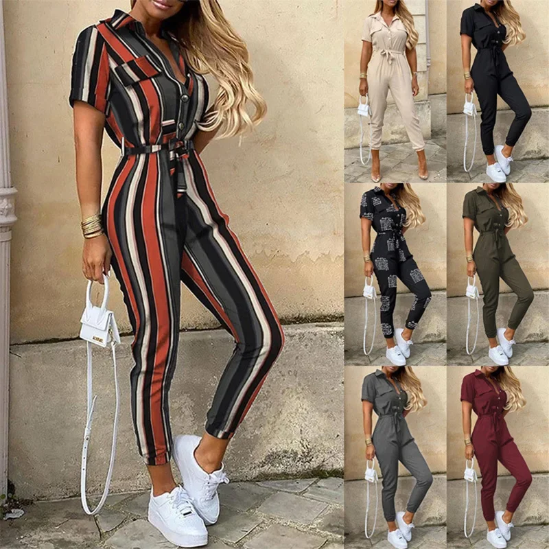 Women's Monochromatic Belt Workwear Jumpsuit, Casual Pants, Flip Collar, Buckle,