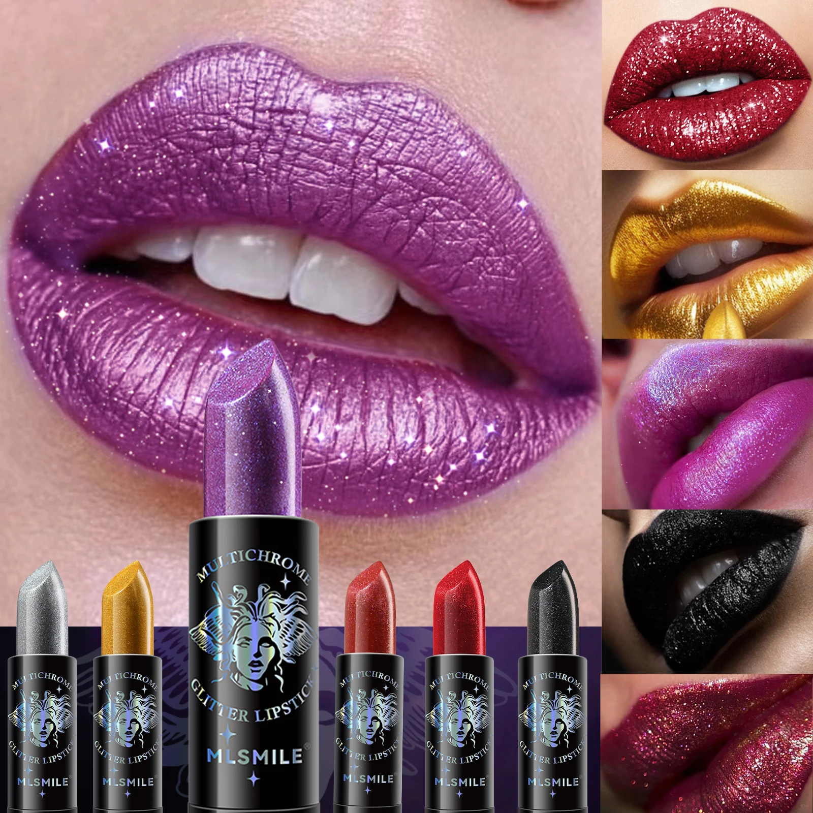 6-Color Shiny Glitter Diamond Lipstick, Highly Pigmented Metallic Finish Lip Mak
