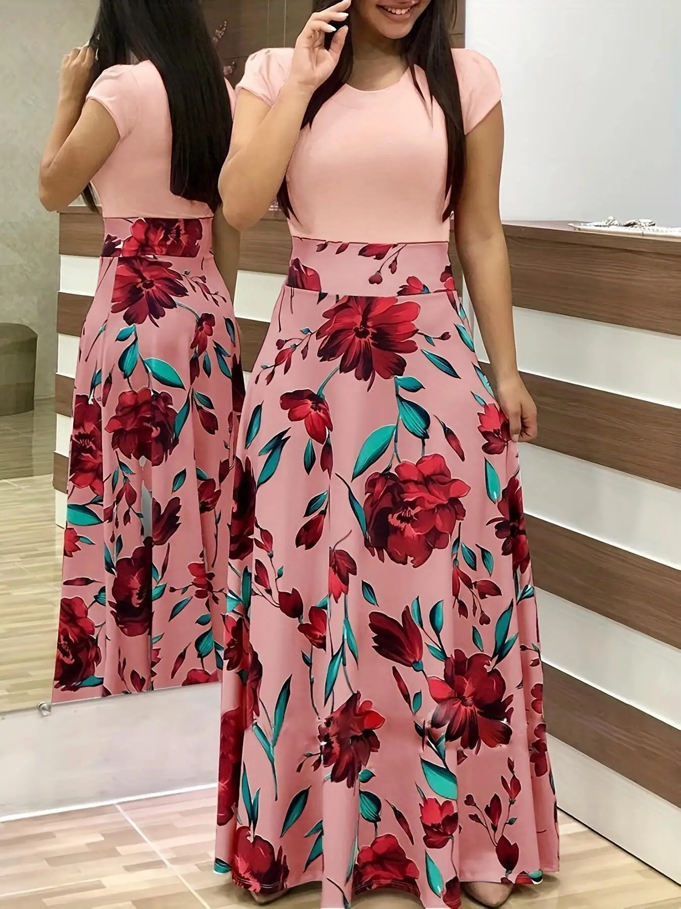 2024 European and American style flower print color matching short sleeved dress