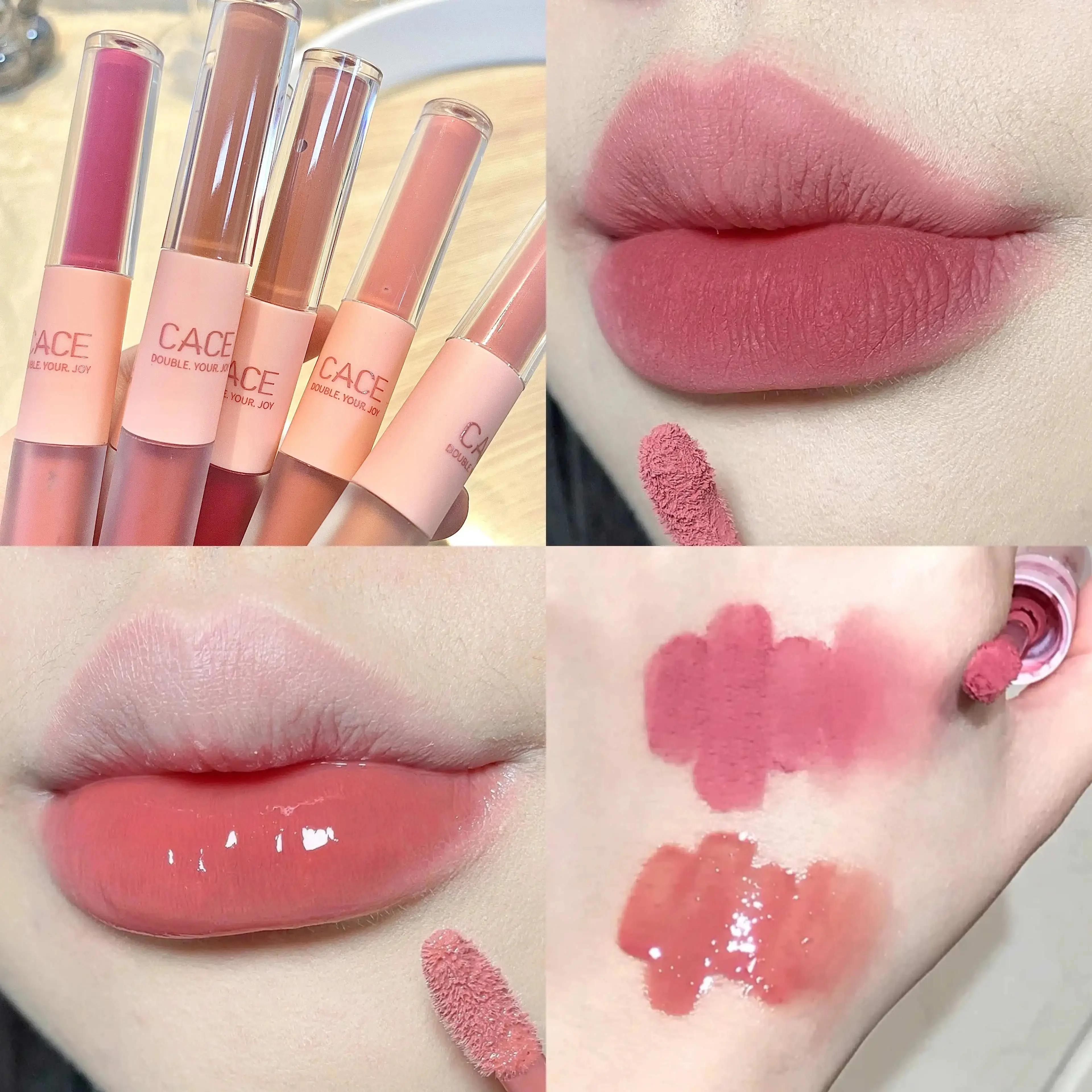 CACE Double Head Lip Gloss Sexy Red Lip Makeup Lip Mud Mirror Water Gloss Lip Gl