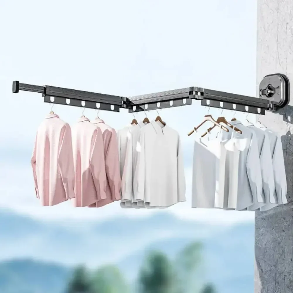 Wall Mounted Drying Rack Foldable 3 Folding Pole Clothesline Retractable Aluminu