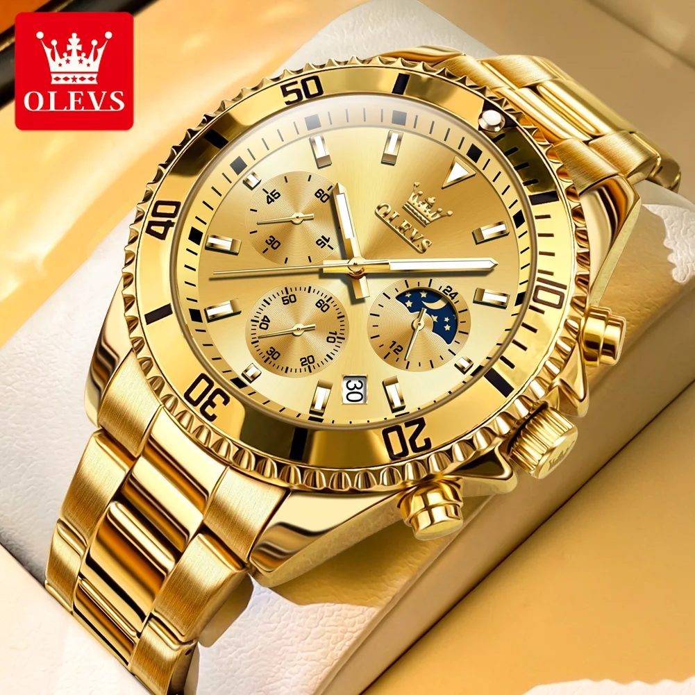 OLEVS 2870 Men's Watches Golden Stainless Steel Calendar Moon phase Chronograph 