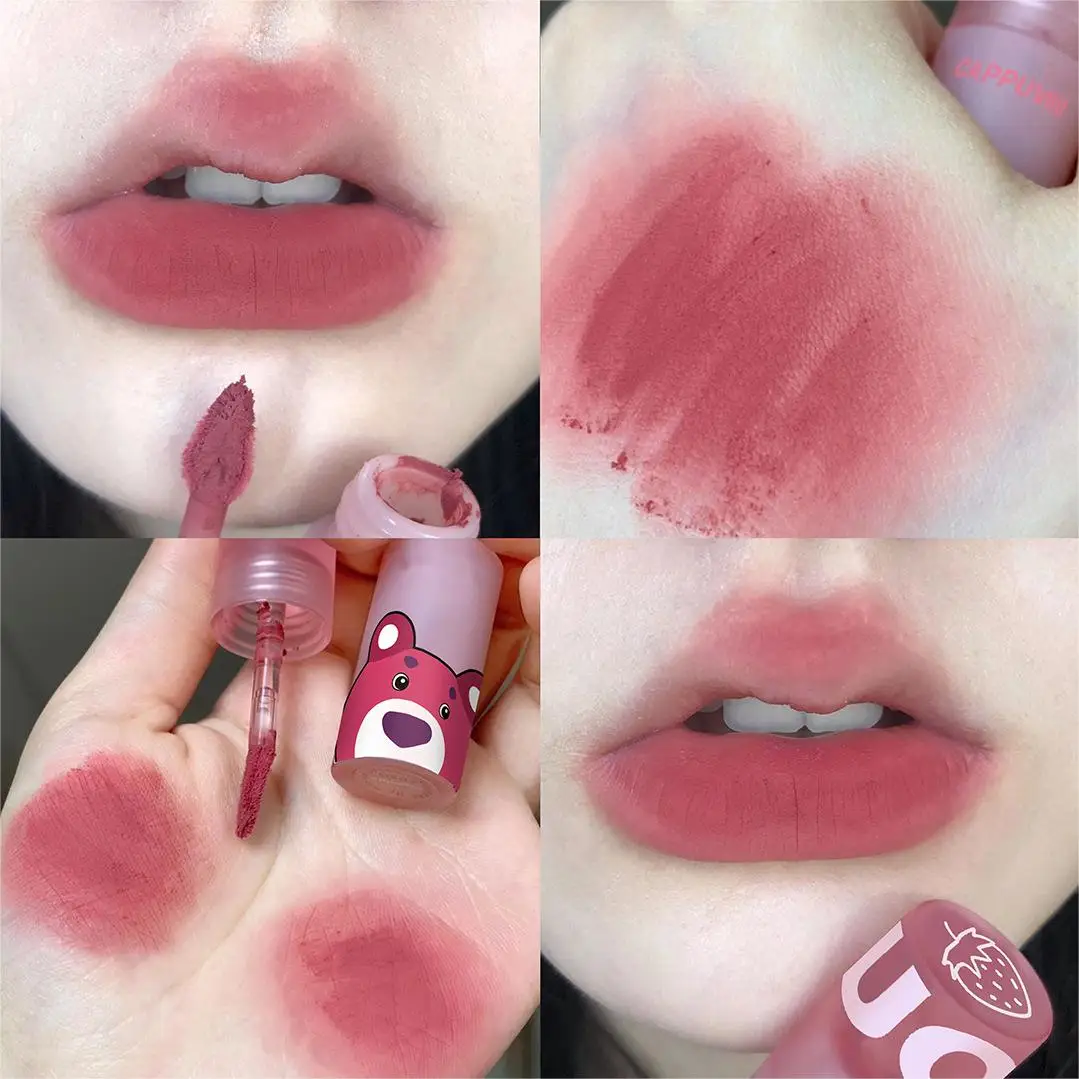 Three Sets Strawberry Bear Lip Mud Ventilated Nude Makeup Matte Lasting Matte Li