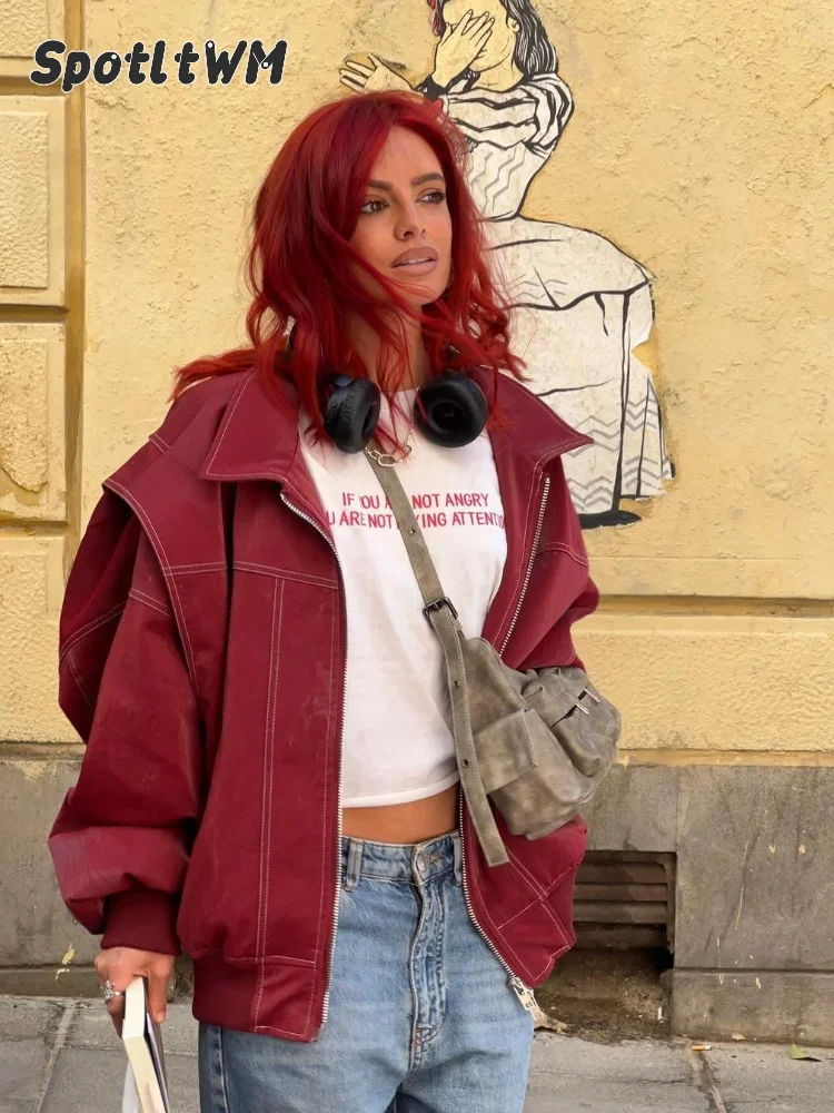 Women Fashion Solid Oversized Contrast Stitch Jacket Loose Lapel Long Sleeve Zip